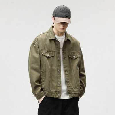 Solid color stylish men’s jean jacket with custom options