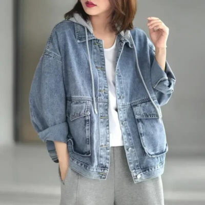 Loose hooded women’s jean jacket denim casual factory