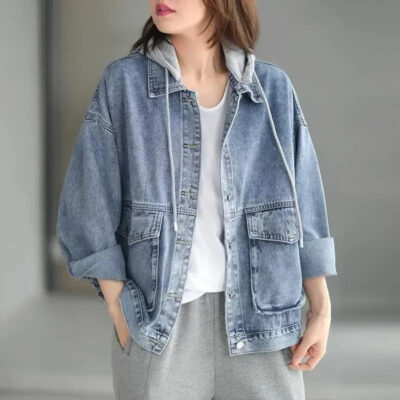 Loose hooded women’s jean jacket denim casual factory