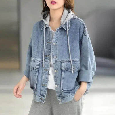 Loose hooded women’s jean jacket denim casual factory