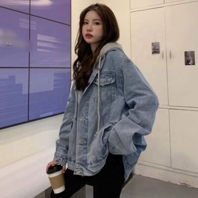 Loose hooded women’s jean jacket denim casual factory