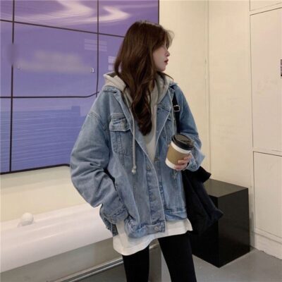 Loose hooded women’s jean jacket denim casual factory