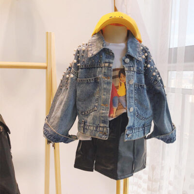 Pearl decorated girls kids jean jacket denim factory