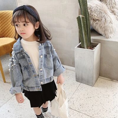 Pearl decorated girls kids jean jacket denim factory