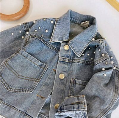 Pearl decorated girls kids jean jacket denim factory