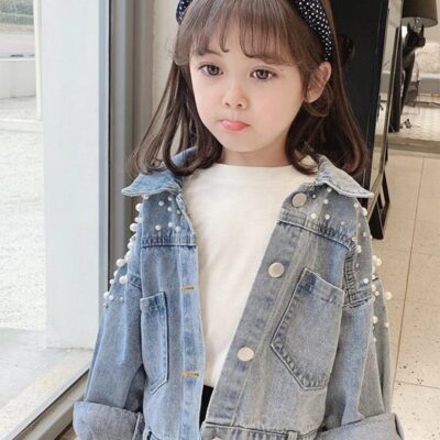 Pearl decorated girls kids jean jacket denim factory