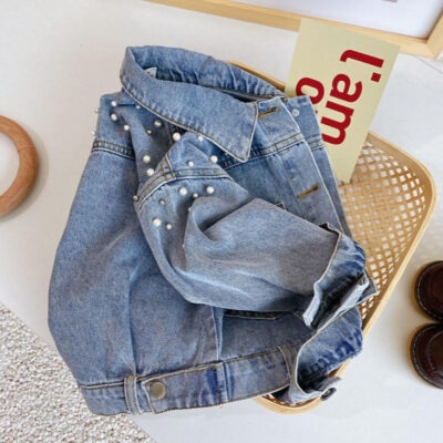 Pearl decorated girls kids jean jacket denim factory