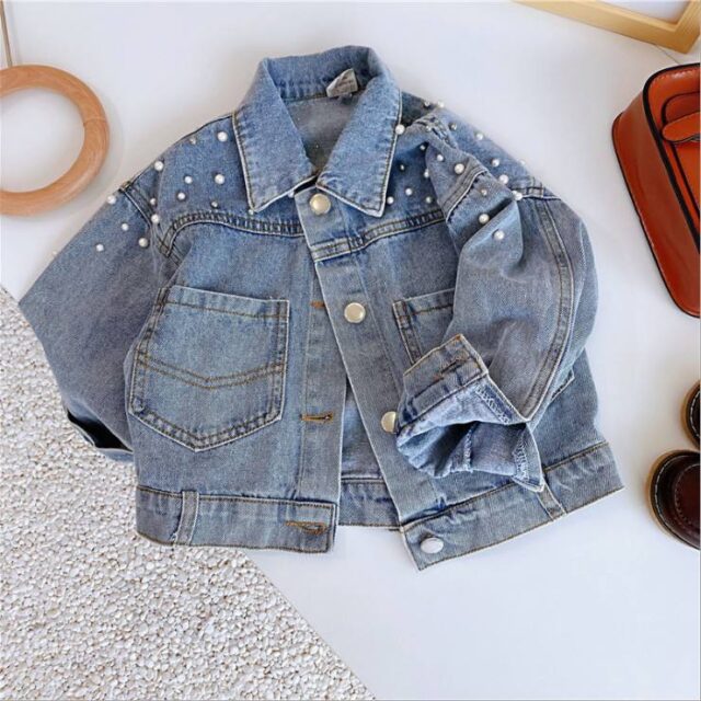 Pearl decorated girls kids jean jacket denim factory