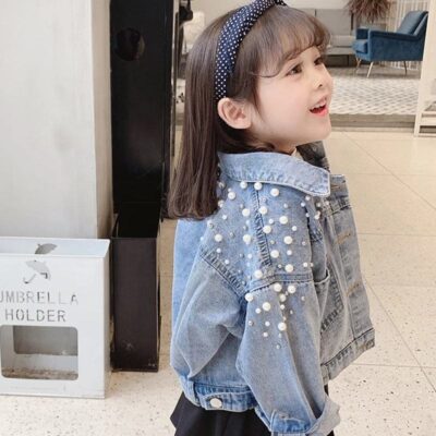 Pearl decorated girls kids jean jacket denim factory