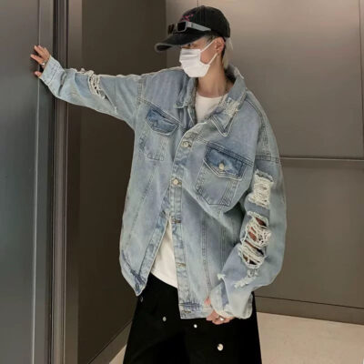 Trendy ripped oversized men’s jean jacket manufacturer supply