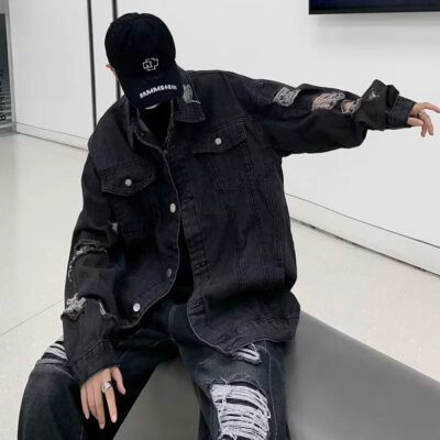Trendy ripped oversized men’s jean jacket manufacturer supply