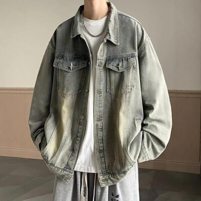 Loose vintage men’s jean jacket lapel stand collar supplier