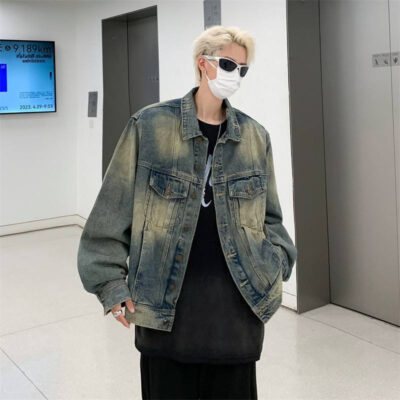 Loose vintage men’s jean jacket lapel stand collar supplier