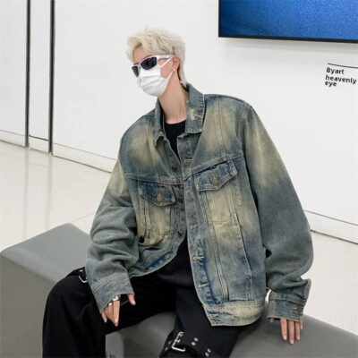Loose vintage men’s jean jacket lapel stand collar supplier