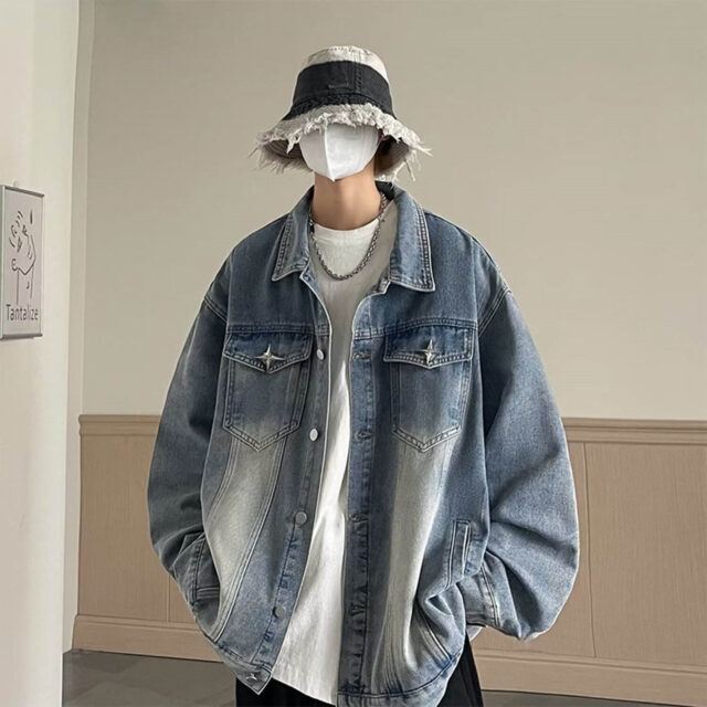 Loose vintage men’s jean jacket lapel stand collar supplier