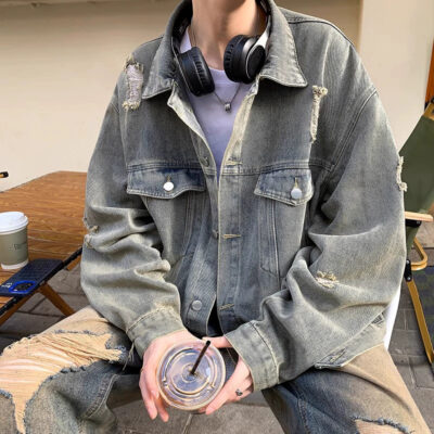 Loose vintage men’s jean jacket lapel stand collar supplier