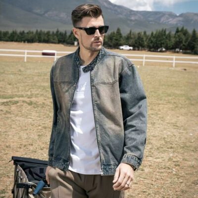 American stand collar autumn men’s jean jacket denim outerwear