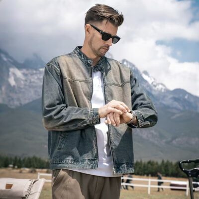 American stand collar autumn men’s jean jacket denim outerwear