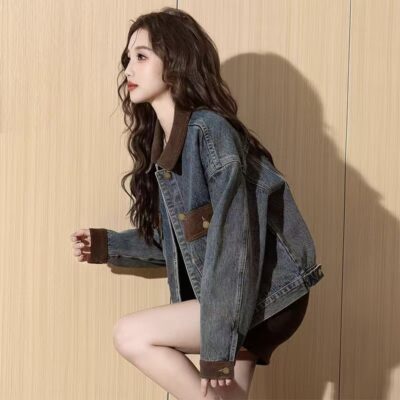 Color block spliced autumn versatile women’s jean jacket denim coat