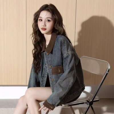 Color block spliced autumn versatile women’s jean jacket denim coat