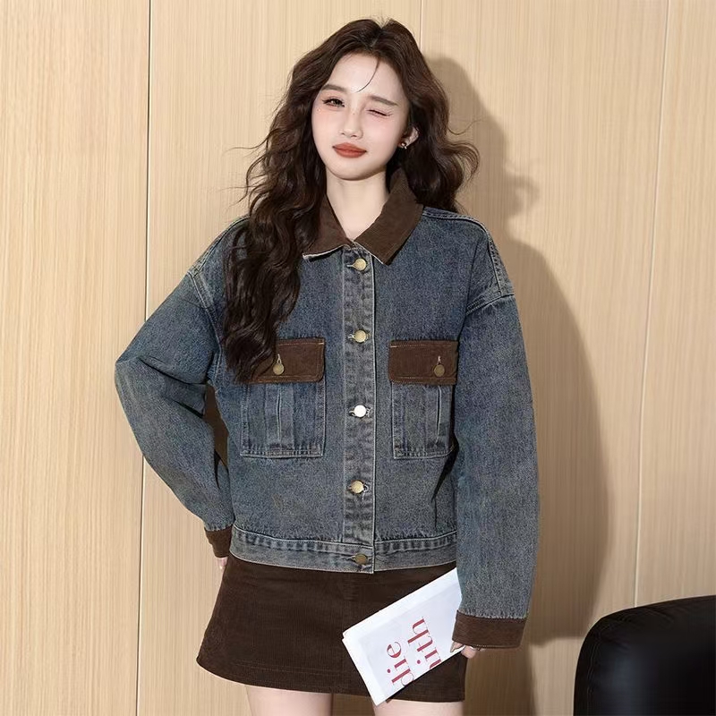 Color block spliced autumn versatile women’s jean jacket denim coat