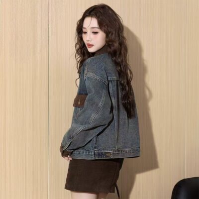 Color block spliced autumn versatile women’s jean jacket denim coat