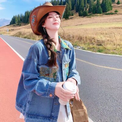 Blue oil painting print spliced vintage fashion women’s jean jacket denim coat