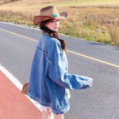 Blue oil painting print spliced vintage fashion women’s jean jacket denim coat