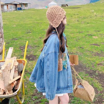 Blue oil painting print spliced vintage fashion women’s jean jacket denim coat