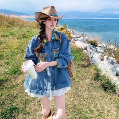 Blue oil painting print spliced vintage fashion women’s jean jacket denim coat