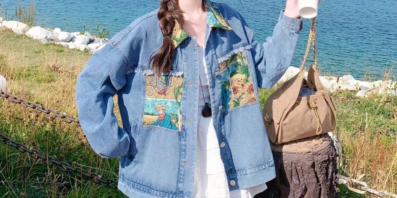 Blue oil painting print spliced vintage fashion women’s jean jacket denim coat