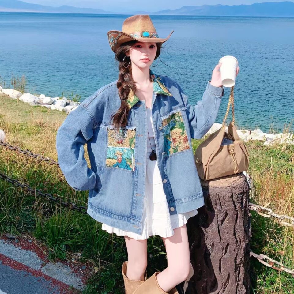 Blue oil painting print spliced vintage fashion women’s jean jacket denim coat