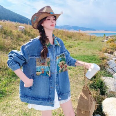 Blue oil painting print spliced vintage fashion women’s jean jacket denim coat
