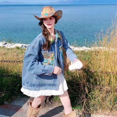 Blue oil painting print spliced vintage fashion women’s jean jacket denim coat