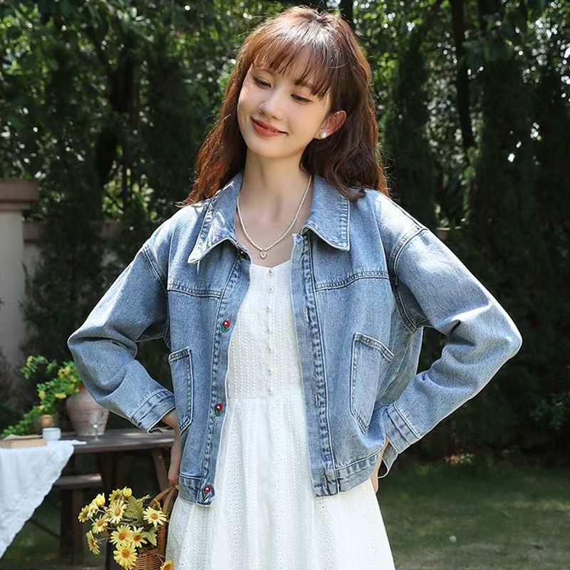 Fresh style embroidered casual women’s jean jacket denim coat