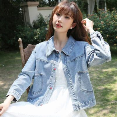Fresh style embroidered casual women’s jean jacket denim coat