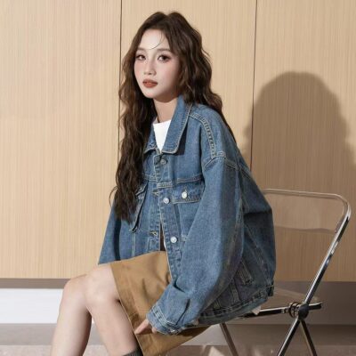 Autumn solid color classic turn-down collar women’s jean jacket denim coat