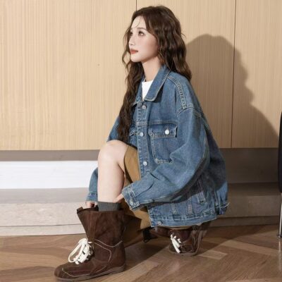 Autumn solid color classic turn-down collar women’s jean jacket denim coat