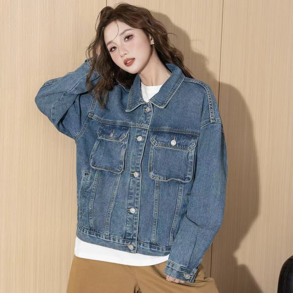 Autumn solid color classic turn-down collar women’s jean jacket denim coat