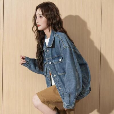 Autumn solid color classic turn-down collar women’s jean jacket denim coat