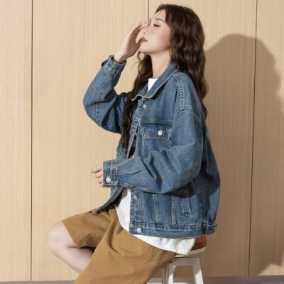 Autumn solid color classic turn-down collar women’s jean jacket denim coat