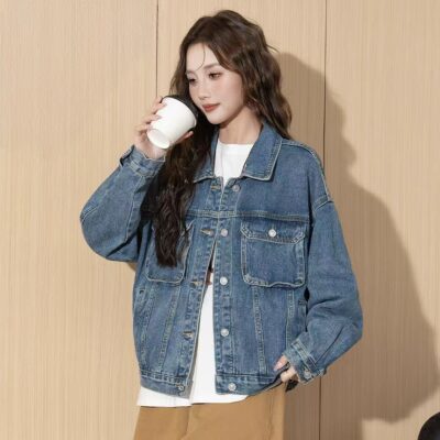 Autumn solid color classic turn-down collar women’s jean jacket denim coat