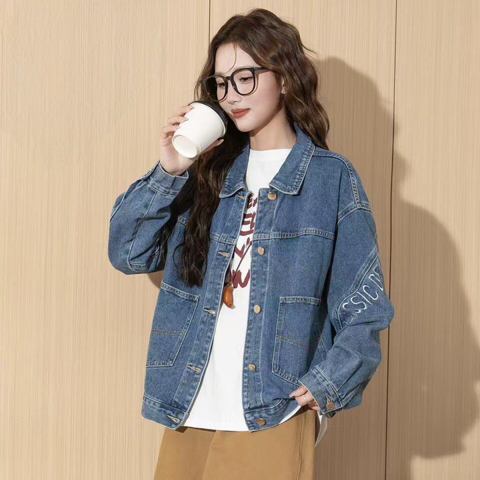 Autumn new letter embroidery women’s jean jacket denim coat