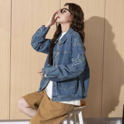 Autumn new letter embroidery women’s jean jacket denim coat