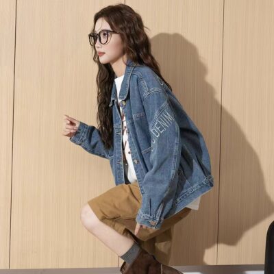 Autumn new letter embroidery women’s jean jacket denim coat
