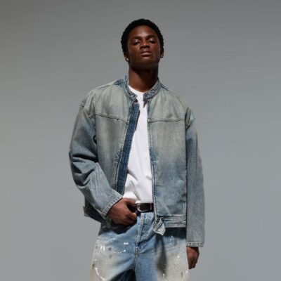 Vintage American stand collar men’s jean jacket spring autumn denim coat