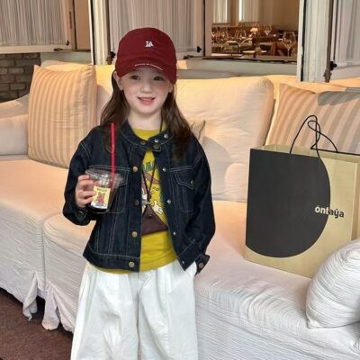Autumn casual stand collar girls kids jean jacket denim coat