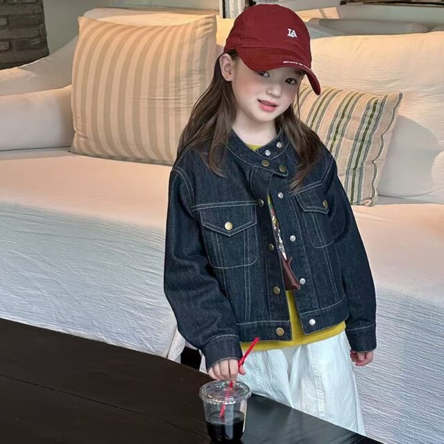 Autumn casual stand collar girls kids jean jacket denim coat