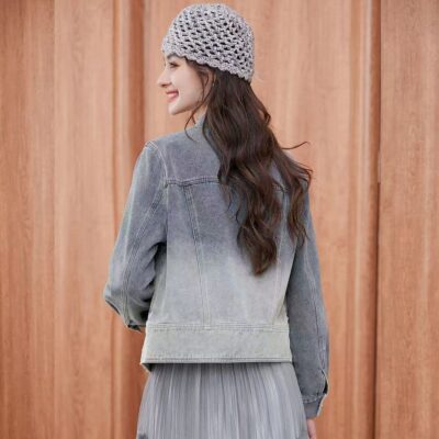 Autumn simple casual lace spliced turn-down collar women’s jean jacket denim coat