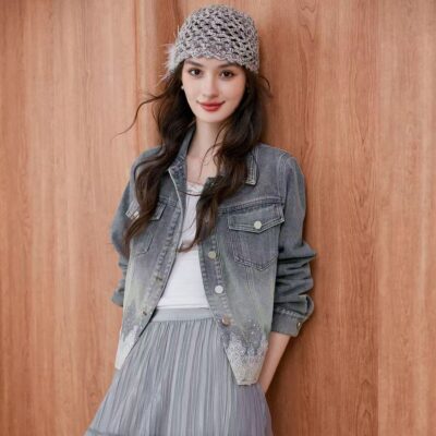 Autumn simple casual lace spliced turn-down collar women’s jean jacket denim coat